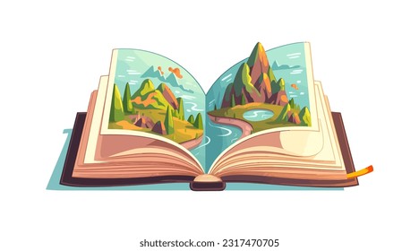 Open book with forest and mountains, flat cartoon isolated on white background. Vector illustration