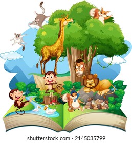 Open book forest theme with animal on white background illustration