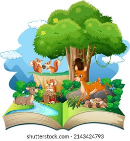 Open book forest theme on white background illustration