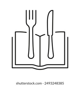 Öffne Buch mit Gabel und Messerlinie Symbol, das Menü und gesundes Essen darstellt. Buchen Sie mit Besteck für gesunde Ernährung. Kochbuch-Symbol. Isolierte Vektorillustration.