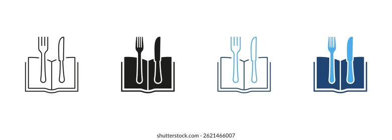 Open Book With Fork And Knife Line and Silhouette Icon Set. Menu And Healthy Dining. Book With Cutlery For Healthy Food And Dining. Cookbook Symbol. Isolated Vector Illustration.