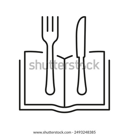 Open Book With Fork And Knife Line Icon Representing Menu And Healthy Dining. Book With Cutlery For Healthy Food And Dining. Cookbook Symbol. Isolated Vector Illustration.