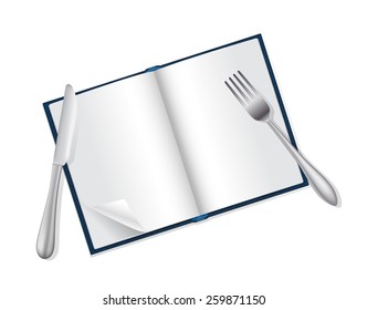 open book, fork and knife reading and food concept