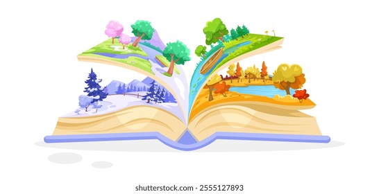 Open book with four seasons landscape inside. Vector illustration