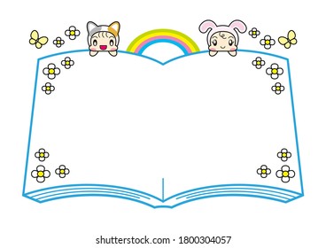 open book frame and children in cat and rabbit costumes