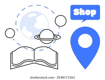 Open book in front of planets and Earth illustration and shop pin icon. Ideal for education, astronomy, geography, navigation, retail, and vector design. Simple linear vector style with blue