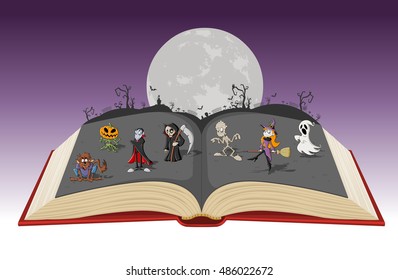 Open book with full moon over a cemetery with funny cartoon classic monster characters. Halloween background.

