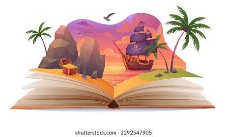 Open book with fun story about adventure of pirate ship for children vector illustration. Cartoon fairytale world on paper pages for reading, corsair boat sailing to treasure island in sea landscape