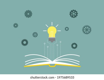 Open Book with Gear and Light Bulb as Source of Ideas and Enlightenment. Reading, knowledge and education concept vector art.