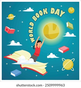 Open book with girls. Astronomy icons and books are in the background. World Book Day concept. Flat vector illustration.