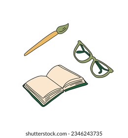 Abrir libro con gafas y pincel. Elemento de color del doodle escolar. La educación de vuelta al arte de los recortes escolares