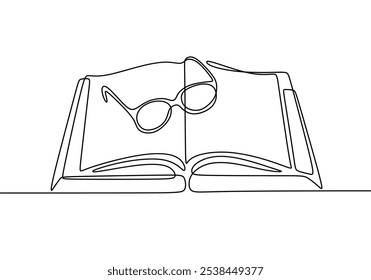 Open book with glasses depicted in continuous one line drawing. Education concept highlighting reading and study.