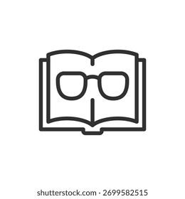 Abrir livro com óculos, ícone linear. Leitura e conceito de educação. Linha com traçado editável.