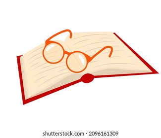 Open book with glasses, reading concept. Vector isolated icon.