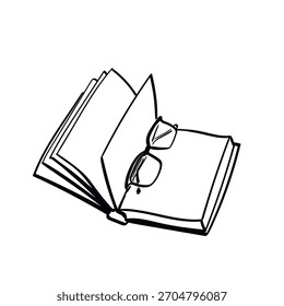 Un libro abierto y gafas. Vector dibujado a mano boceto
