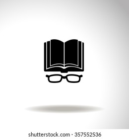 Open book with glasses vector icon.