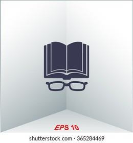Open book with glasses vector icon.
