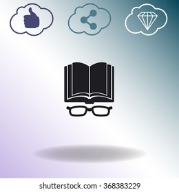 Open book with glasses vector icon.