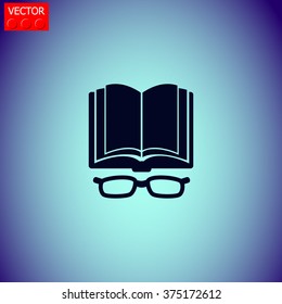 Open book with glasses vector icon.