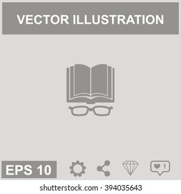 Open book with glasses vector icon.