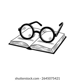 Open book with glasses in vintage reading and learning theme – Vector Illustration