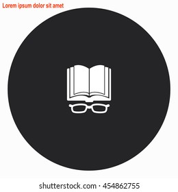 Open book with glasses web icon. Gray circle button with white illustration.