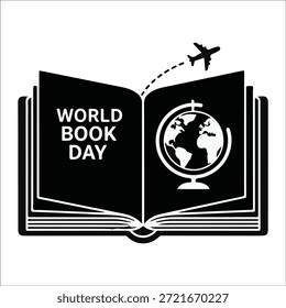 Libro abierto con globo y avión para la Ilustración vectorial de celebración del Día Mundial del Libro