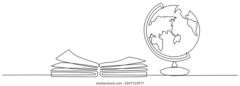 Open book and globe continuous line drawing. Linear world map symbol. Education concept. Vector illustration isolated on white.