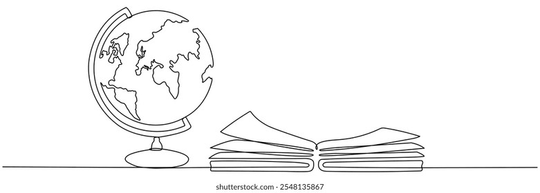 Open book and globe continuous line drawing. Linear world map symbol. Education concept. Vector illustration isolated on white.