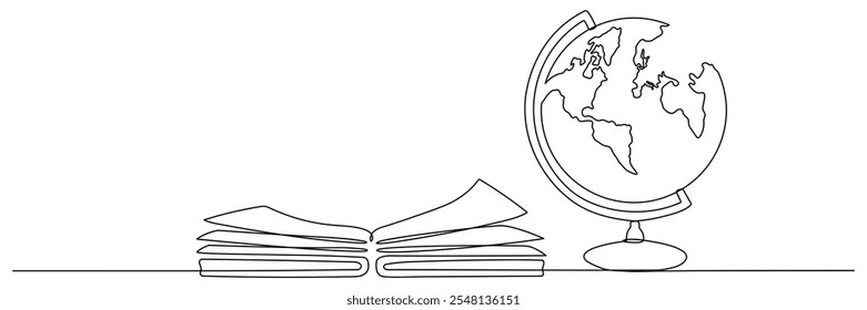 Open book and globe continuous line drawing. Linear world map symbol. Education concept. Vector illustration isolated on white.