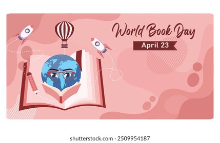 Libro abierto con globo terráqueo. Globos de aire caliente, cohetes y lápices vuelan por encima. Concepto del Día Mundial del Libro. Ilustración vectorial plana.
