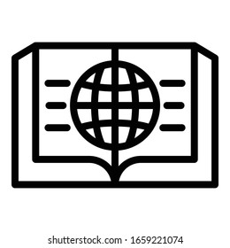 Open book and globe icon. Outline open book and globe vector icon for web design isolated on white background