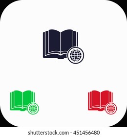 Open book with globe Illustration set. Blue, green, red icon.
