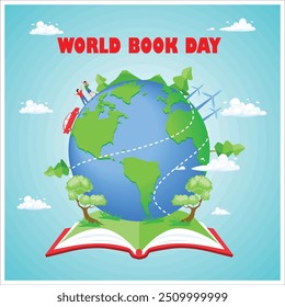 Abra livro e globo. A importância de todo o conhecimento que emerge de um livro. Conceito do Dia Mundial do Livro. Ilustração de vetor plano.