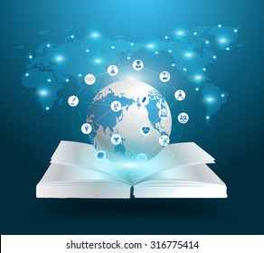 Open Book And Globe Knowledge Ideas Concept, With Education Chemistry And Science Icons, Vector Illustration Template Modern Design