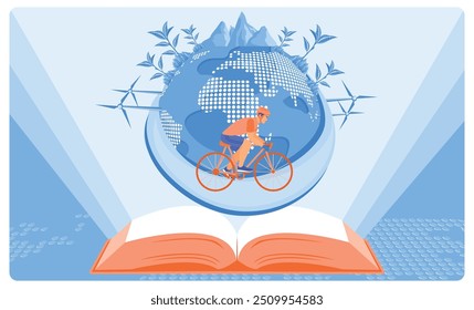 Open a book with a globe on top. Science is found in a book. World Book Day concept. Flat vector illustration.