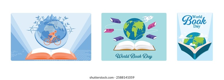 Open book with a globe on top. Celebrating World Book Day. The importance of all knowledge that emerges from a book. World Book Day concept. Set flat vector illustration.