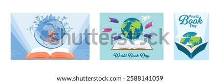 Open book with a globe on top. Celebrating World Book Day. The importance of all knowledge that emerges from a book. World Book Day concept. Set flat vector illustration.