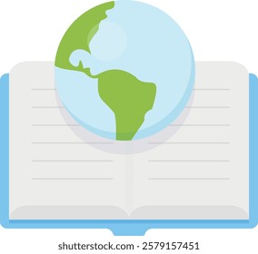 Open book with a globe partially covering it, displaying the continents of North and South America. Symbolizes global knowledge and education. Learning and exploration. Geography. 