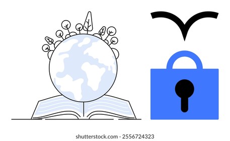 An open book with a globe and plants sprouting from it, a blue padlock and a black bird silhouette. Ideal for themes Education, Nature, Security, Conservation, Freedom. Simple modern style