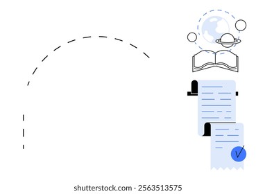 An open book, a globe with rings, and a rolled document with a checkmark. Ideal for education, knowledge dissemination, documentation, global learning, academic achievement. Minimalist vector design