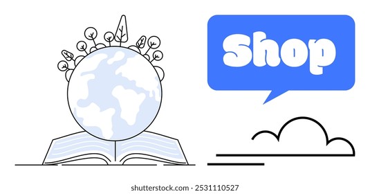 An open book with a globe surrounded by plants. Next to it is a blue speech bubble with the word Shop. Ideal for education, e-commerce, reading, nature, environmental awareness. Minimalist modern