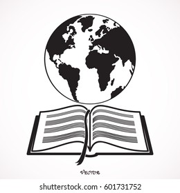 Open book with globe vector grey icon on white background. Open book with globe symbol stock illustration. Business picture.