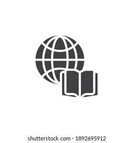 Open book and globe vector icon. filled flat sign for mobile concept and web design. E-learning, global education glyph icon. Symbol, logo illustration. Vector graphics