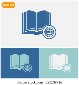 Open book with globe vector icon.