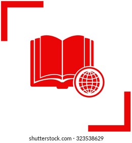 Open book with globe vector icon.