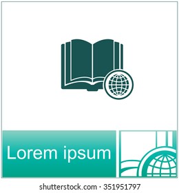 Open book with globe vector icon.