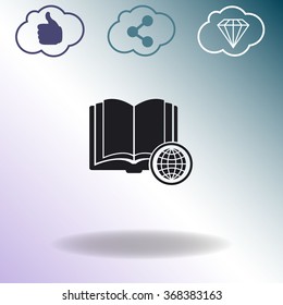 Open book with globe vector icon.