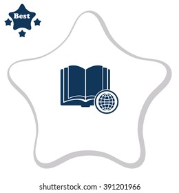 Open book with globe vector icon.