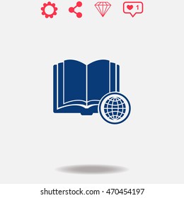 Open book with globe vector icon on grey background.